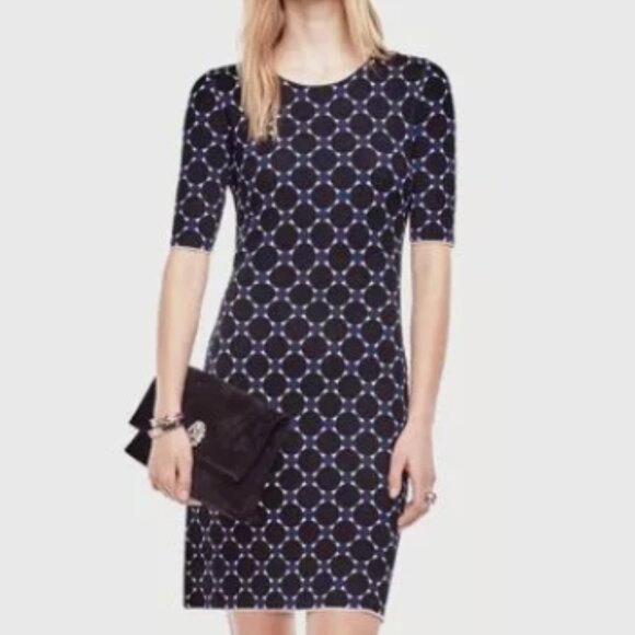 Ann Taylor Navy Blue Geometric Circle Print Knit Dress Sz L NEW with TAG - Picture 1 of 9